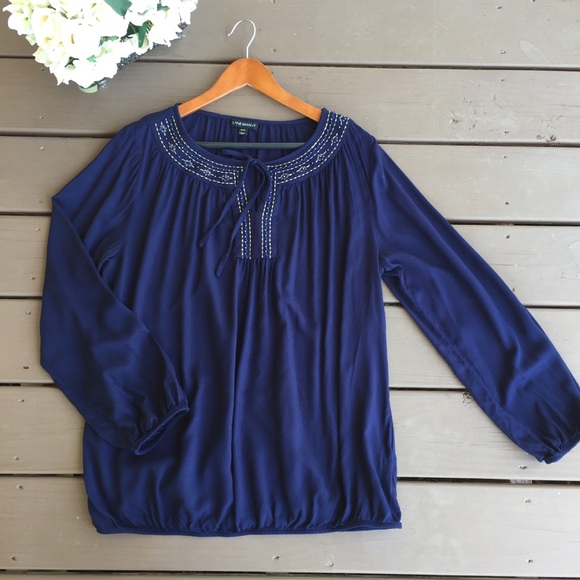 LANE BRYANT Blue Embroidered Bib Blouse - Picture 2 of 7
